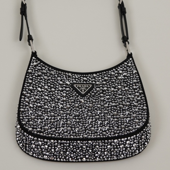 Prada Crystal Cleo Black Leather Silver Swarovski NIB Shoulder Bag Handag - Picture 4 of 9
